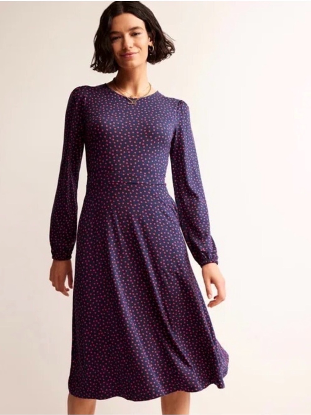 Boden Navy Midi Dress with Pink Spot Print